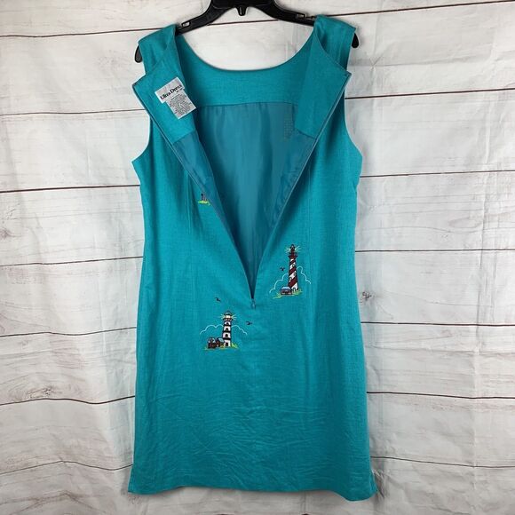 Vintage Dress Linen Embroidered 12 14 XL Lighthouses Nautical Marine Blue Teal - Picture 4 of 16